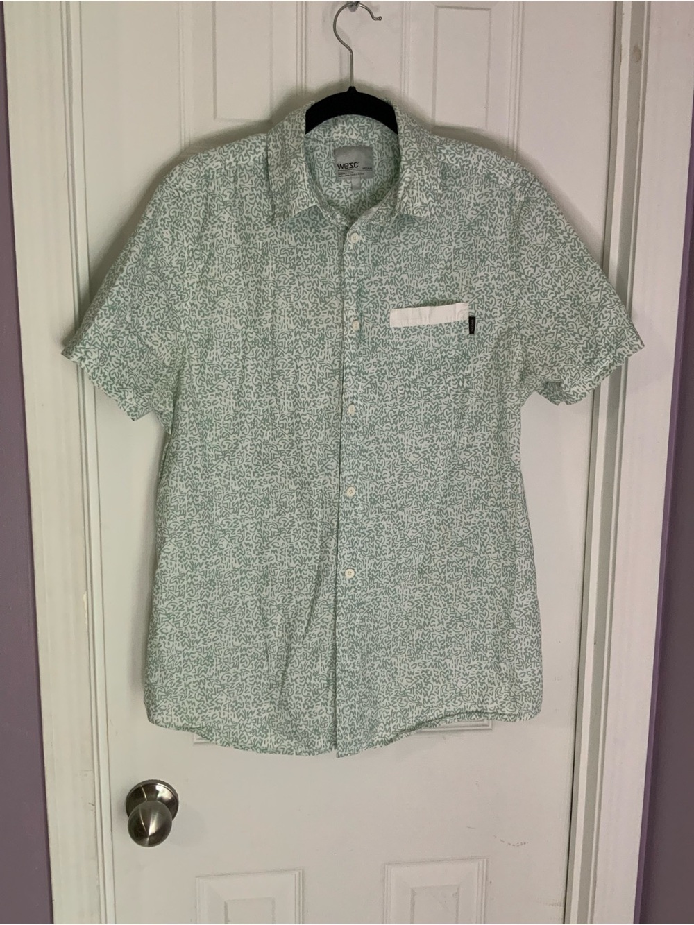 WESC Short Sleeve Button-Down Shirt in Mint Green Pattern